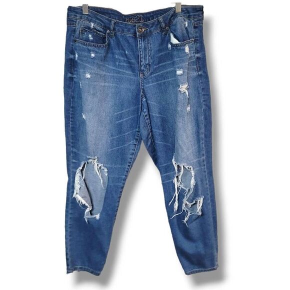 RUE21 14/16 heavily distressed jean med wash 34” stretch Y2K punk - Picture 1 of 9